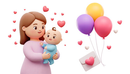3d rendering smiling mother cartoon character holding her baby in her arms and colorful balloons with envelope and pink hearts isolated on transparent background, PNG file add