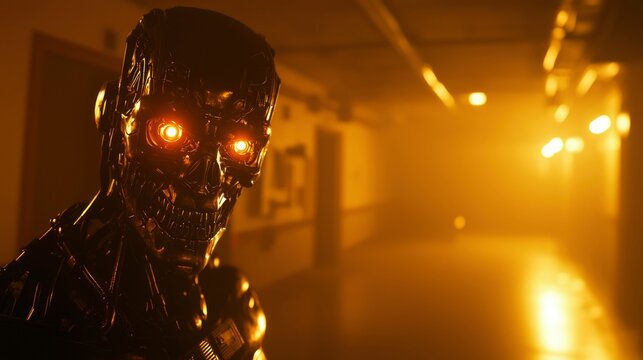Metallic robot in dark corridor