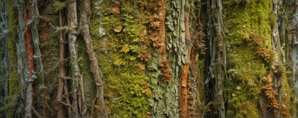 Obraz premium Ancient moss-covered tree trunk, textured bark, lichen , details, lichen, natural