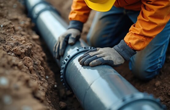Construction worker installs large plastic water pipe in trench at construction site. Man wears safety helmet, gloves. Plumbing, infrastructure, water supply, sewage system concept.