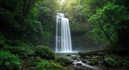 Waterfall cascading into a pool surrounded by lush green foliage in a forest.