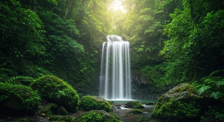 Waterfall cascading down rocks surrounded by lush green forest with bright sunlight.