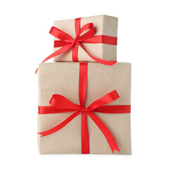 Two gift boxes wrapped in kraft paper isolated on white