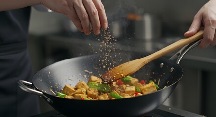 Chef seasoning tofu stir fry in wok with wooden spatula in kitchen environment close up