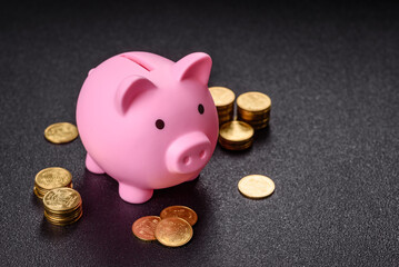 Piggy bank as a financial conceptual background with coins, doing business, saving money
