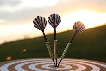 Targeting. Dart board with arrows outdoors, closeup