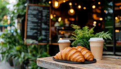 Obraz premium Fresh croissants and coffee at a cafe