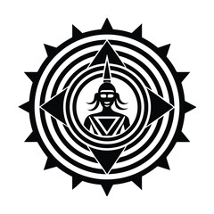 Black and white abstract artwork featuring a stylized female warrior surrounded by geometric shapes and radiating lines