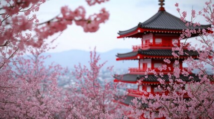 Fototapeta premium Cherry blossoms and pagoda