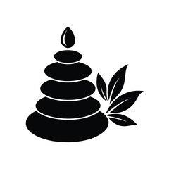Simple minimalist spa logo featuring stacked balancing stones a water droplet and green leaves for health and relaxation