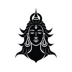 Black and white illustration of the hindu god shiva with closed eyes and detailed hair adornments