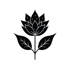 Elegant black and white floral illustration depicting a stylized lotus flower and accompanying leaves on a white background