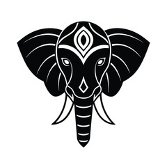 Elegant minimalist elephant head illustration with decorative elements in black and white isolated