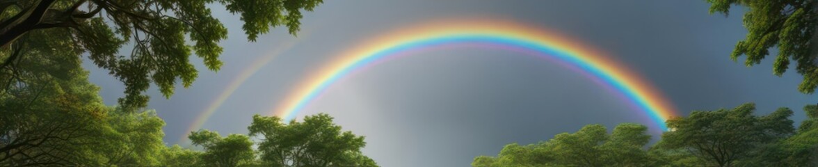 Vibrant rainbow arcing over lush green forest canopy, fantasy, wild, untamed