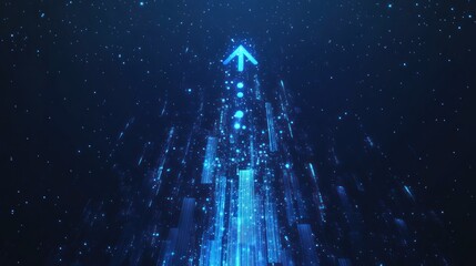 Glowing blue arrow ascends through digital particles, symbolizing growth and progress