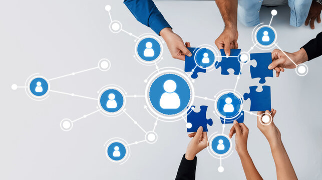 Collaborative Networking Concept with Puzzle Pieces and Human Icons Representing Teams and Connections in a Modern Business Environment. Amity