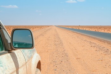 High-detail image of a car on the road with a mirror effect and close focus.