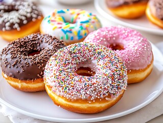 Assorted donuts with colorful sprinkles, chocolate and pink glaze served on white plate
