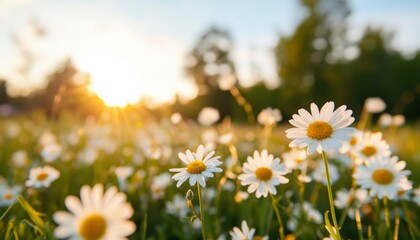 Sunset chamomile field