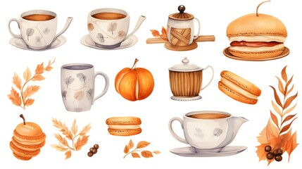Elegant Watercolor Autumn Set with Coffee and Envelope for Festive Designs