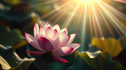Lotus Radiance: A breathtaking lotus flower in full bloom, bathed in the radiant sunlight. Its delicate pink and white petals unfold in a serene display of natural beauty.