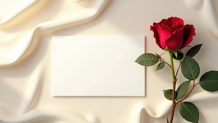 Elegant Red Rose with Green Leaves Beside a Blank White Card on Flowing Cream Silk Fabric - Mother's Day Card, Romantic Gift, Loving Message for Mom.