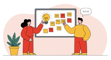 Collaborative Brainstorming with Sticky Notes, Light Bulb, and Discussion

