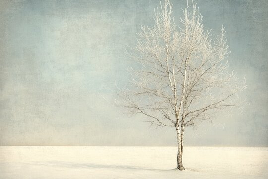 A solitary frost-covered birch tree stands in a snow-covered field under a pale winter sky. - Powered by Adobe