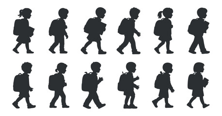 Twelve Silhouettes of Children Walking to School with Backpacks