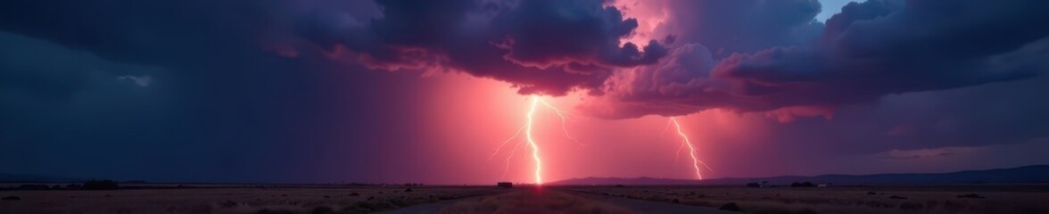 Brilliant flash of lightning cuts through heavy, dark clouds above a desolate plain , wild weather, powerful, darkness