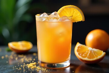 Close-up of vibrant citrus cocktail garnished with zest , slice, celebration
