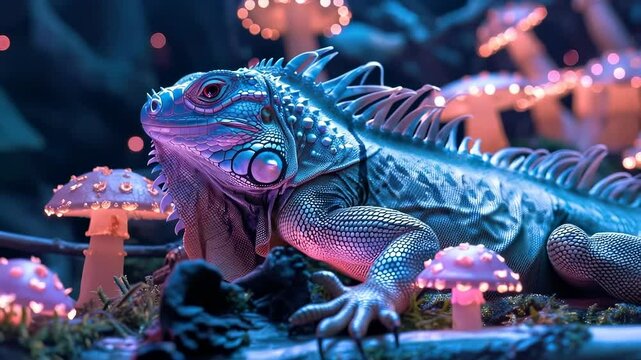 Fantasy iguana: electric scale, digital glow, vibrant reptile, surreal lizard, colorful tropic, ambient creature, mystical fauna, jungle sparkle, hyperreal animal, trippy forest, sci-fi style