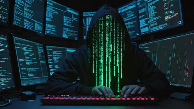 4k video of a hacker with matrix code instead of a face.