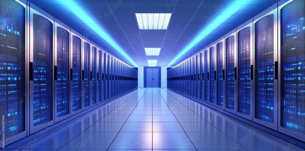 Poster Bright futuristic data center corridor with mirrored rows of glowing blue server racks and ceiling lights reflecting off a polished floor in a high-tech environment