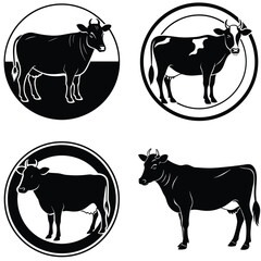 Set Of Vector Black And White Cows In Circle Frames And Standing