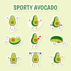 Obraz premium Cartoon Color Characters Avocado Sport Stickers Set Fitness Gym Concept Flat Design Style. Vector illustration of Sticker