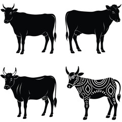 Black And White Cow Silhouette Vector Illustration With Ornamental Decoration