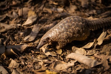 A pangolin with protective scales searches for food among dry leaves in natural habitat.