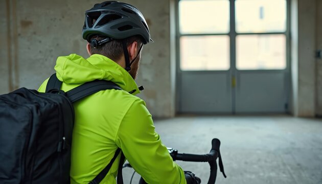 Person in helmet neon green jacket prepares bicycle for ride. Biker gets ready for cycling. Healthy active lifestyle. Urban commute, sport, transportation, modern tech.