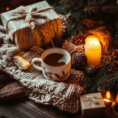 Fototapeta premium Cozy Christmas scene with tea, gifts, and candles