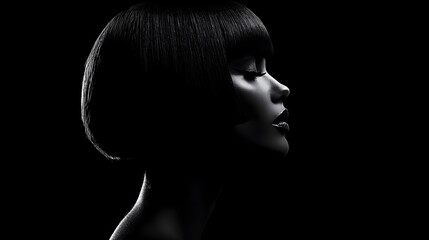 Fototapeta premium Serene Profile: A captivating portrait unveils a woman in elegant profile, with a stylish short haircut, bathed in a stunning interplay of light and shadow.