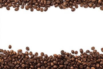 Roasted coffee beans frame a white background. Perfect for coffee shop menus or packaging.