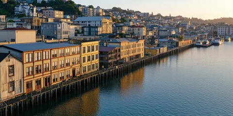 Obraz premium A coastal town with colorful buildings lining the waterfront at sunset, overlooking calm water and a distant hillside.