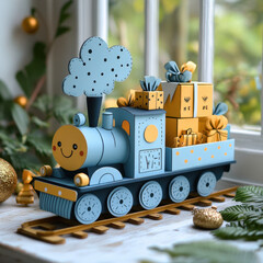 Wooden toy train with Christmas tree.