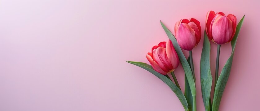 Bouquet of tulips on a dark textured background. Top down aerial view of vibrant color tulip flower and green leaves at vibrant color background. Floral arrangement and springtime concept. AIG55.