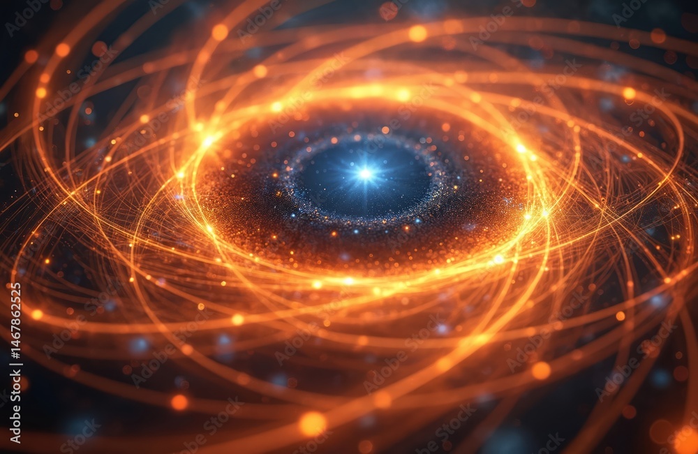 Poster Abstract digital illustration of particle in quantum physics. Glowing energy with orbiting atomic structure of proton. Futuristic design for research, science, technology tech concepts.