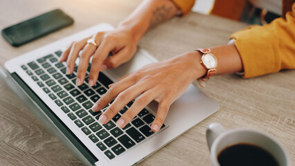Typing, laptop and freelancer with hands of woman in home office for copywriter, research and blog...