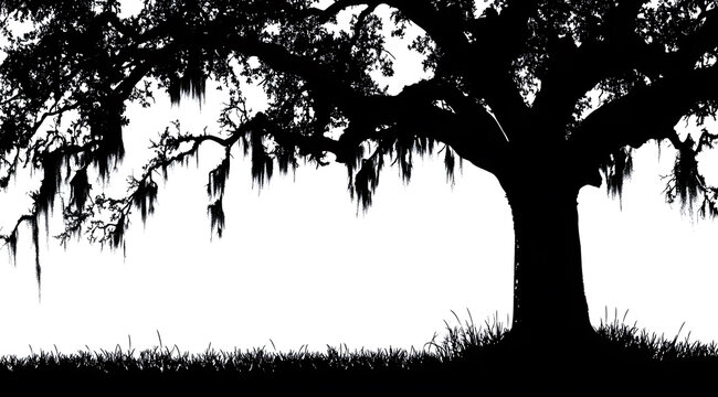 Silhouette of Live Oak Tree: Majestic live oak tree silhouette with Spanish moss, evocative of Southern charm and timeless beauty.