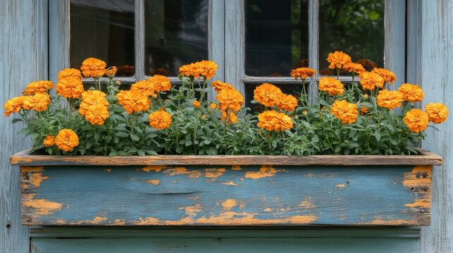 Orange flowers in a rustic wooden window box