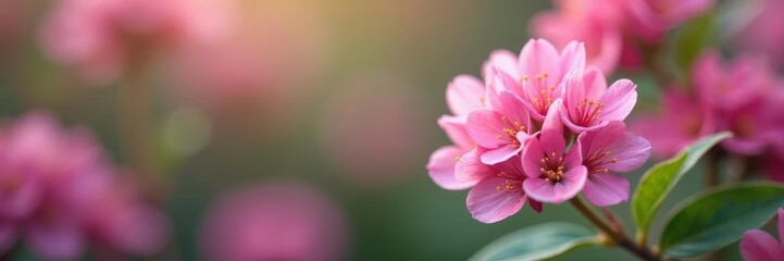 Obraz premium Delicate pink heather blossoms close-up, vibrant spring blooms , floral, meadow